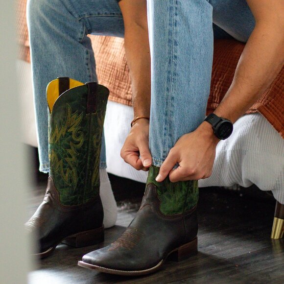 NEW Planet Cowboy Dig It Boots Mens 10.5 EE Brown Green Leather Square Toe NWOB - Picture 3 of 15